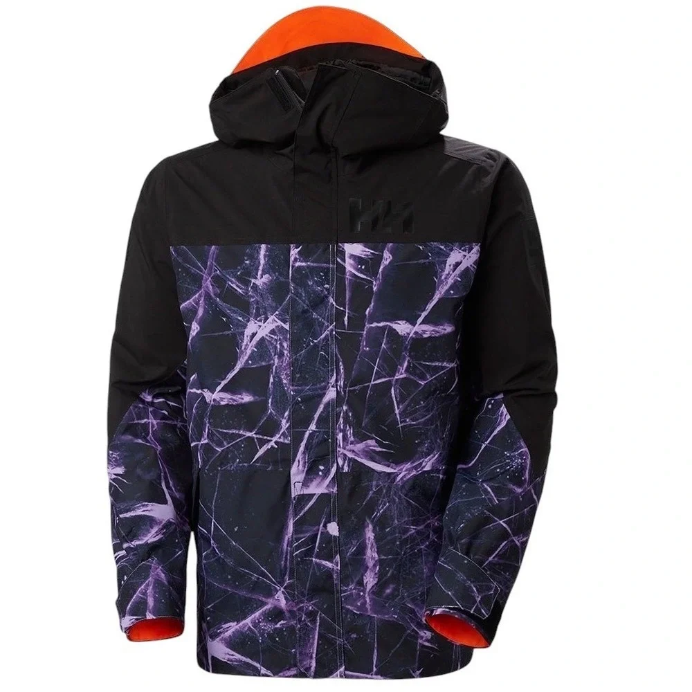 Helly Hansen ULLR Ski Jacket XL Relaxed Fit Purple Black Ice Print Hooded Shell